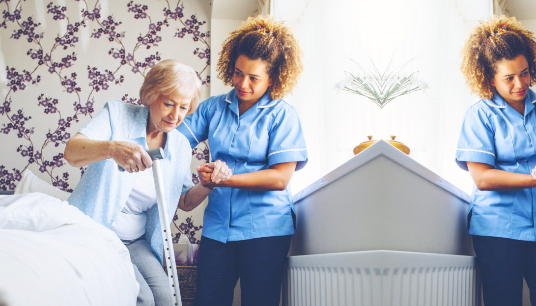 an elderly woman with a caregiver woman